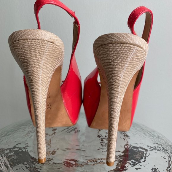 Saks Fifth Avenue Pinkish Red Peep-Toe Stiletto Heels - Picture 2 of 6